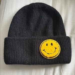 Unisex Black Beanie with Yellow Smiley Patch